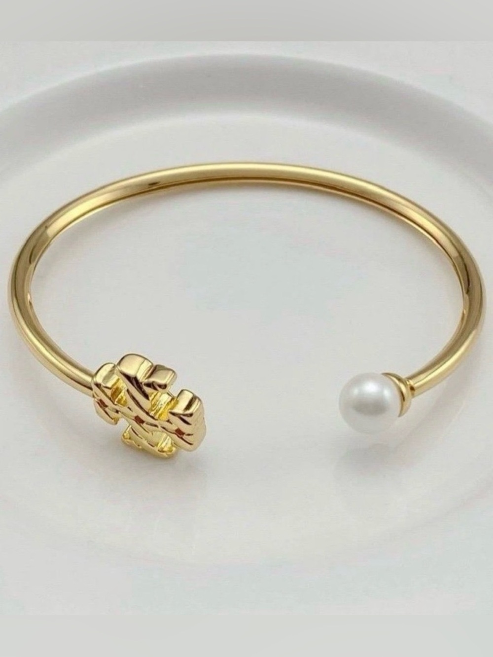 Tory Burch Gold Open Cuff Bracelet with White Pearl and Gold Logo